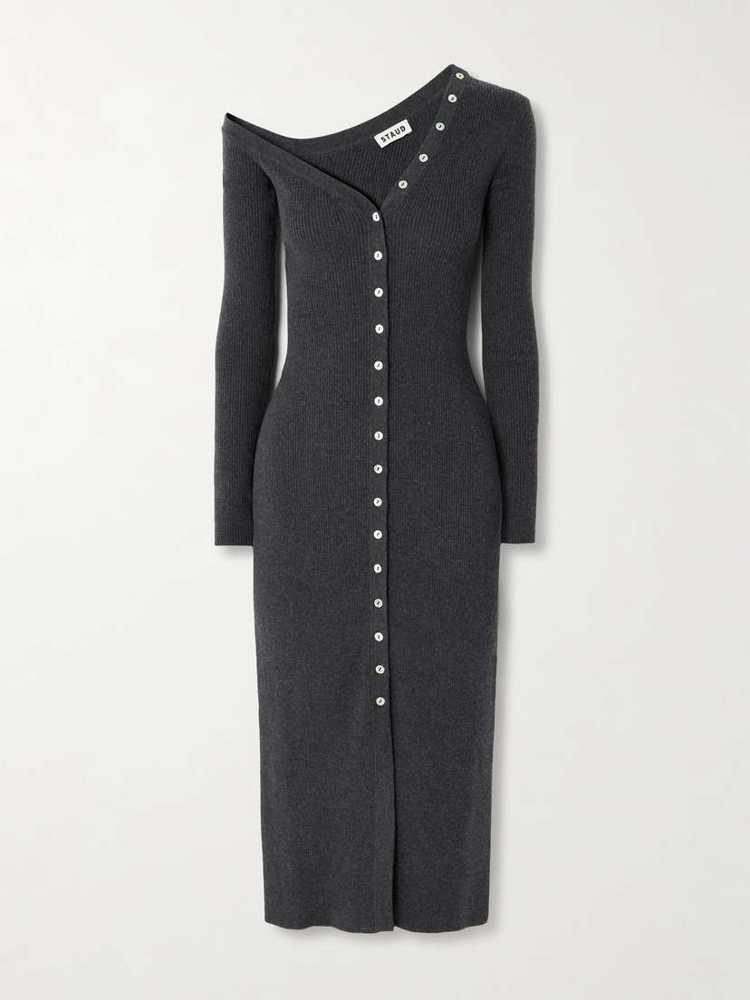 Staud Craftsman Off-the-shoulder Ribbed Cotton And Wool-blend Midi Dress