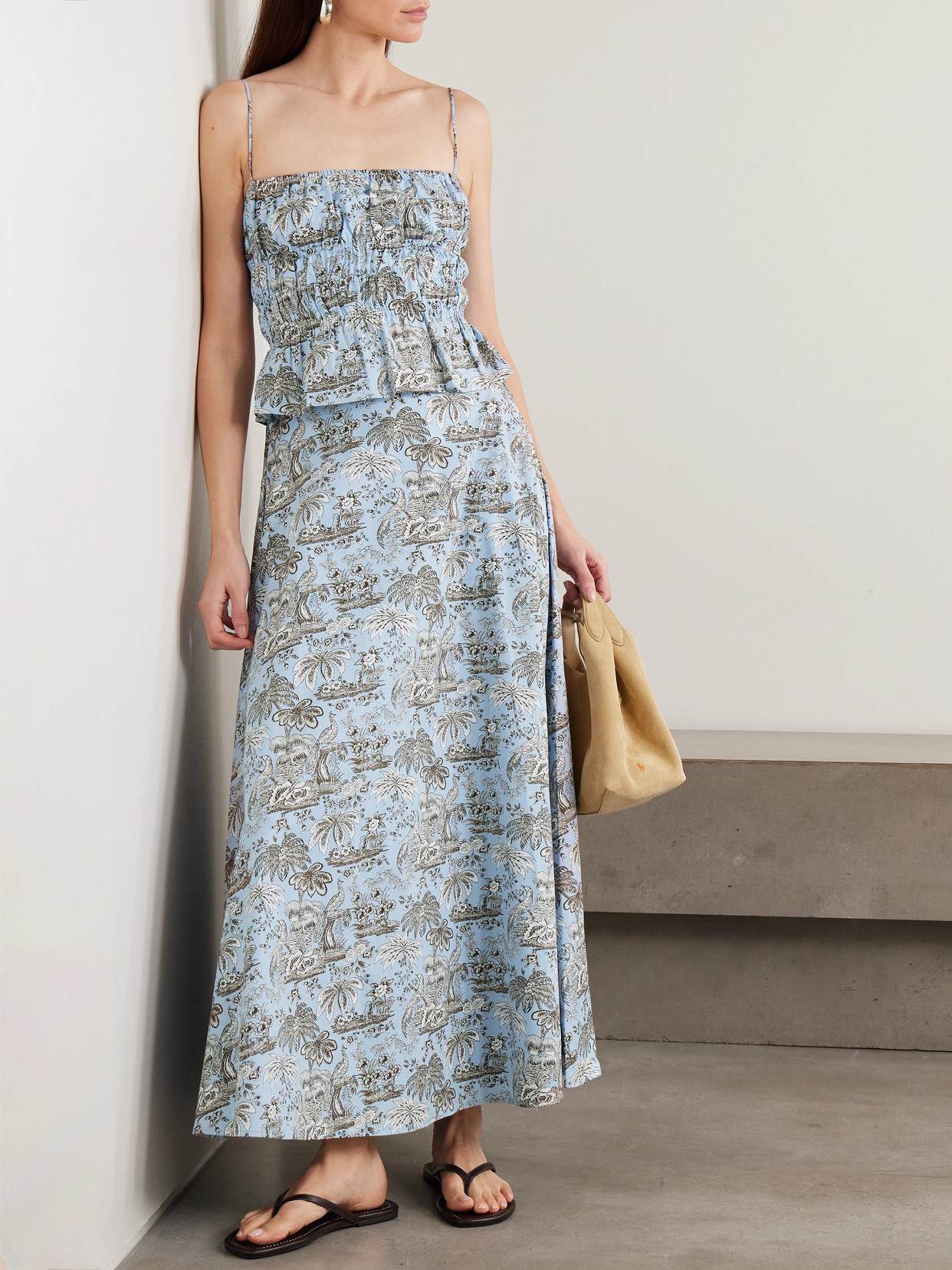 Staud Axel Printed Cotton-blend Midi Skirt In Blue