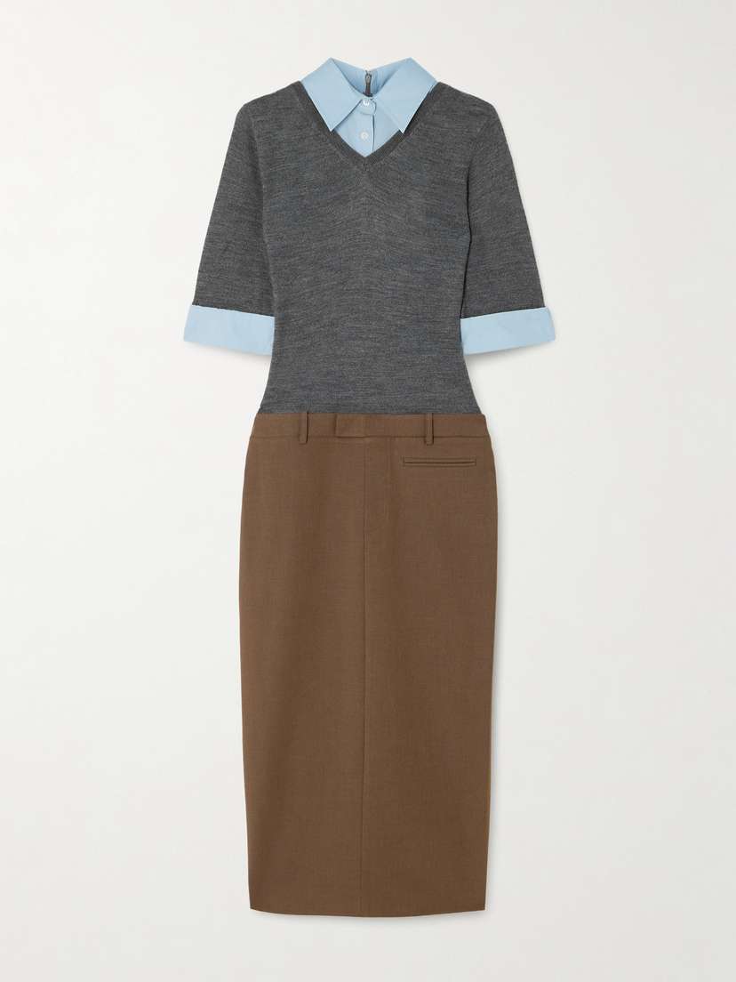 Staud Geo Layered Cotton-blend Poplin-trimmed Twill And Wool-blend Midi Dress
