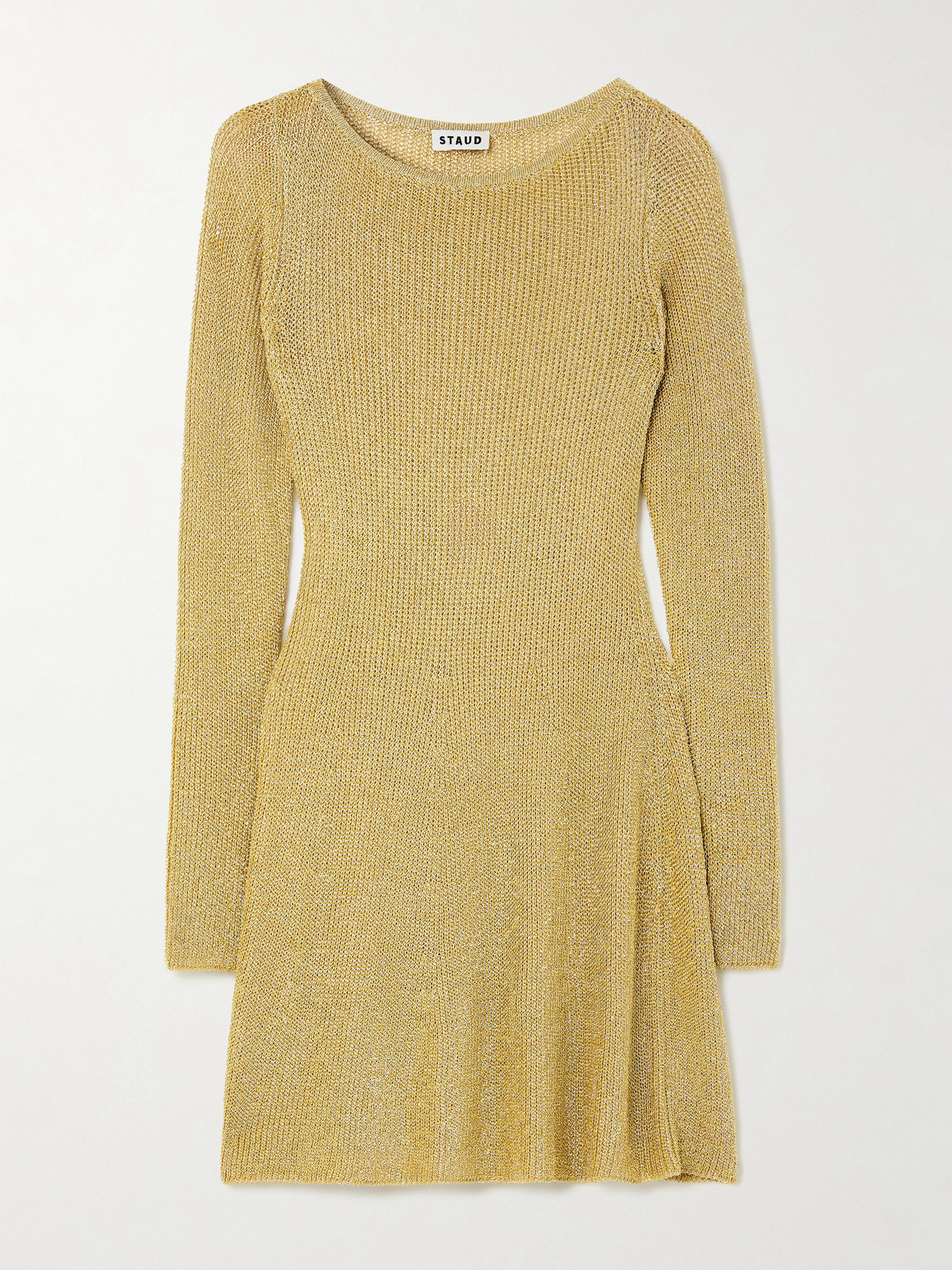 Staud Nikitta Metallic Knitted Mini Dress In Gold