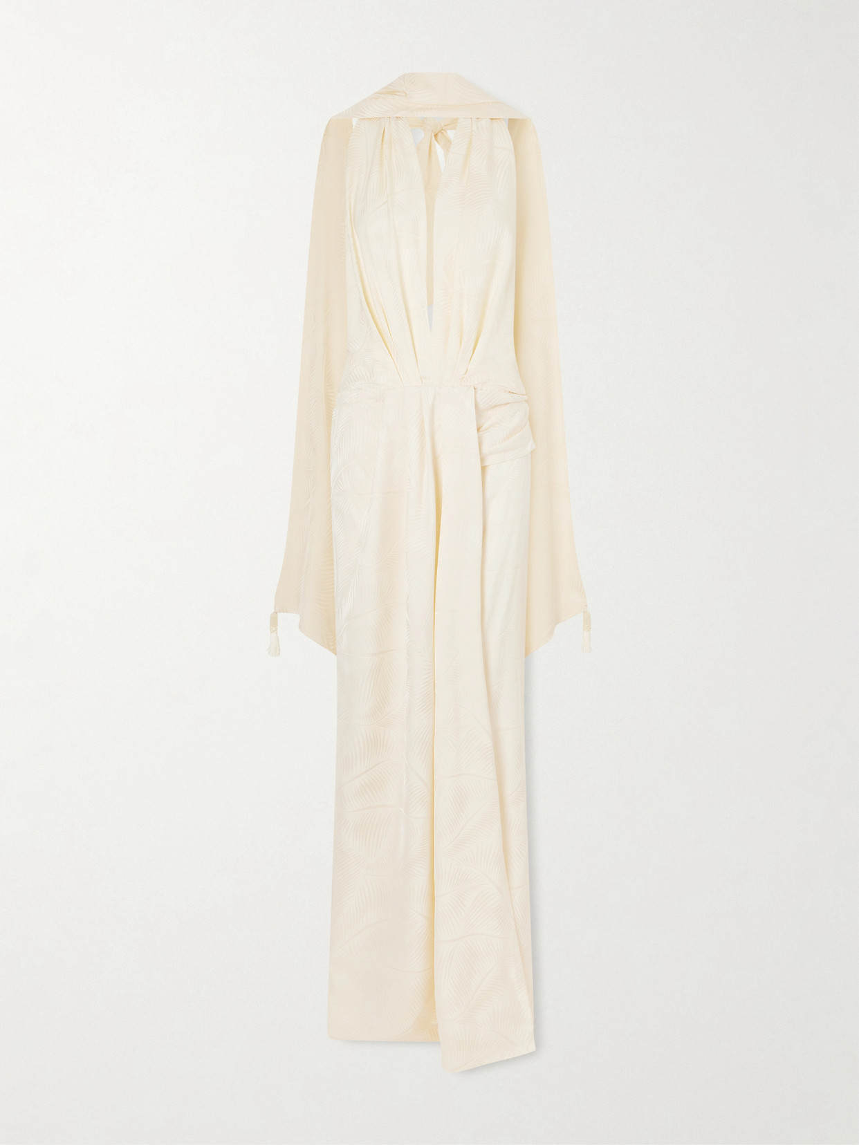 Johanna Ortiz Wildly Beautiful Tasseled Satin-jacquard Halterneck Maxi Dress In Neutral