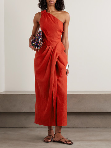 Johanna Ortiz Salsero one-shoulder knotted ruffled draped linen midi dress