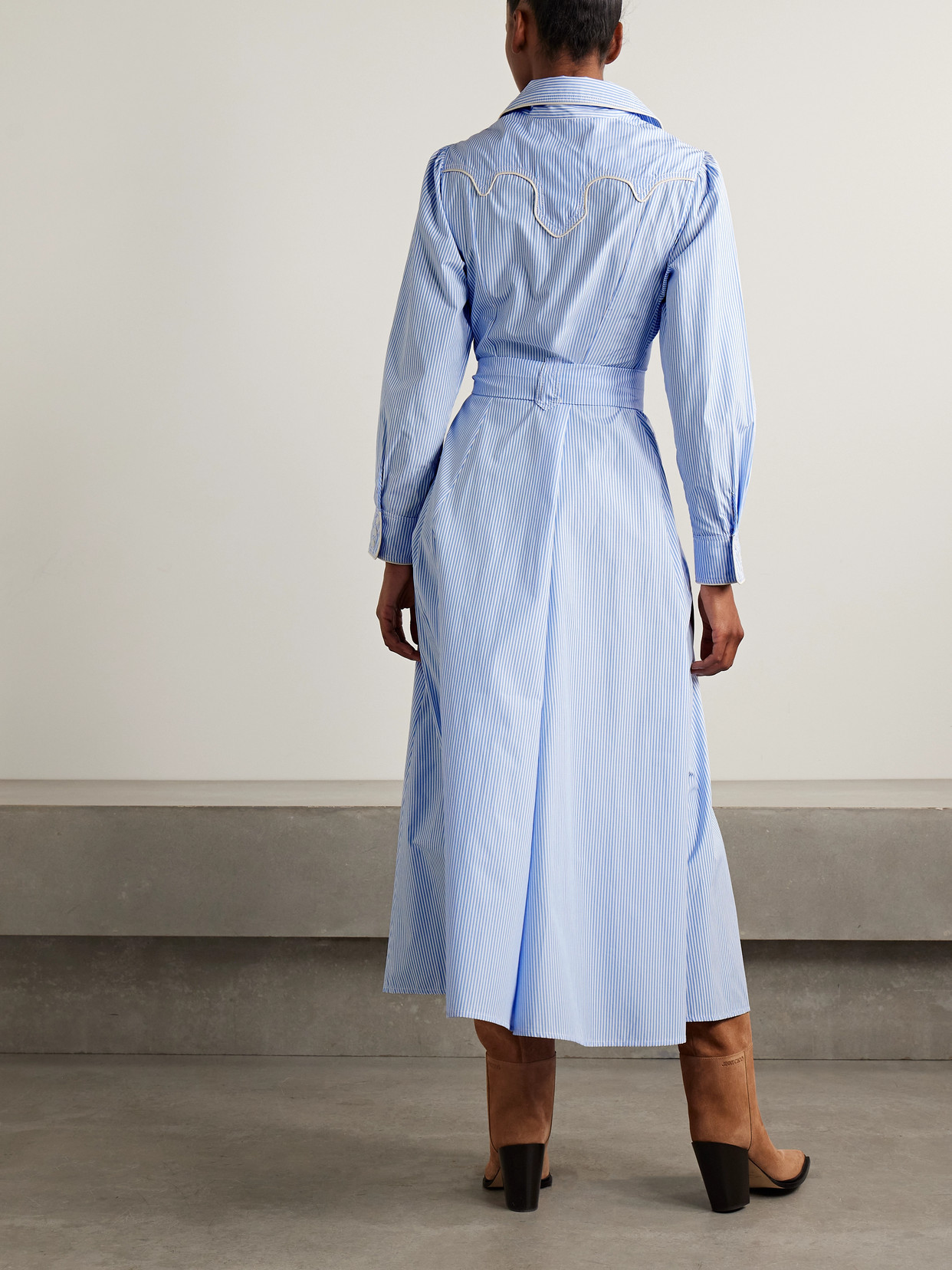 Johanna Ortiz Vela De Cruz Belted Embroidered Striped Poplin Midi Shirt Dress In Blue