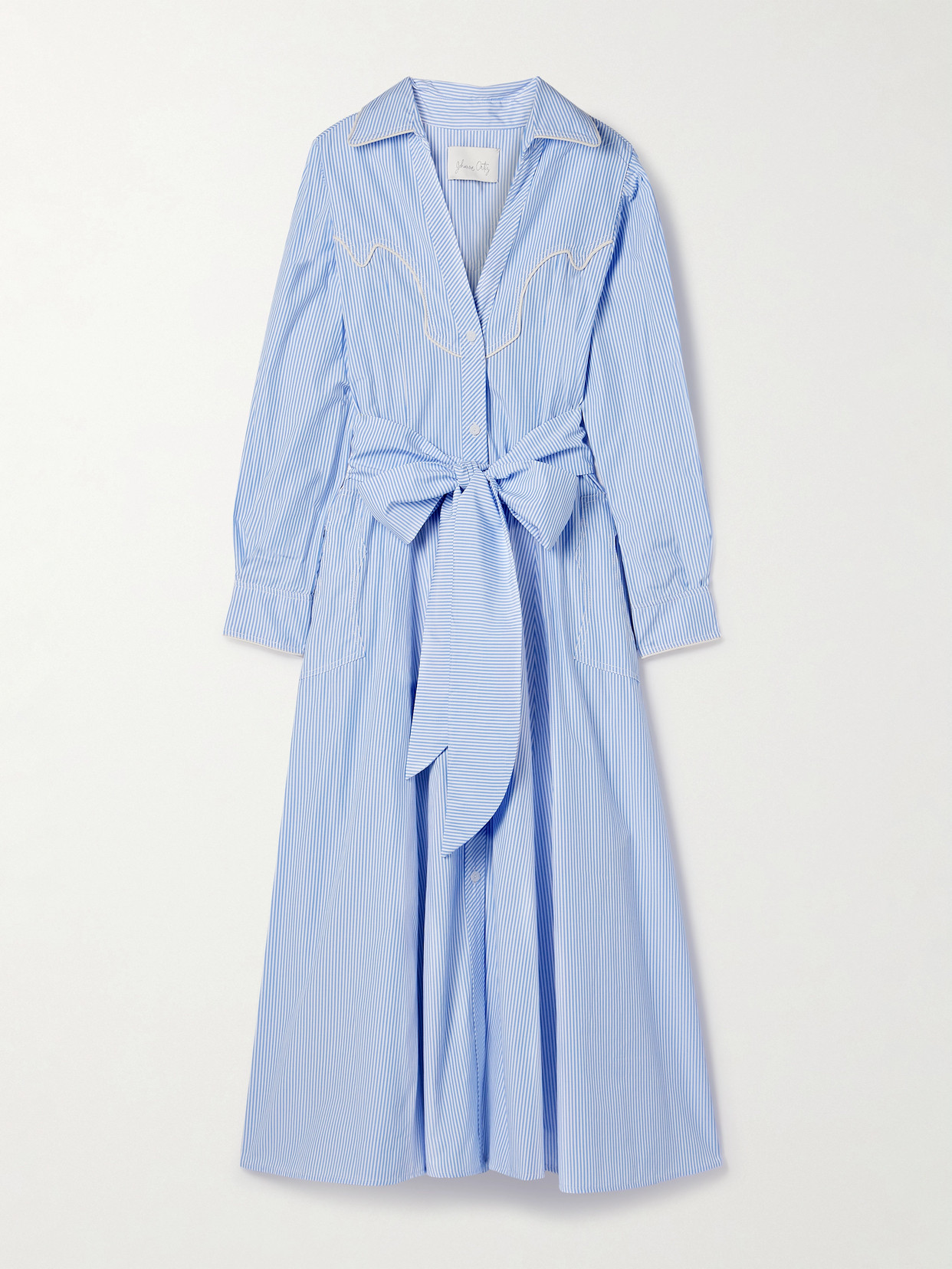 Johanna Ortiz Vela De Cruz Belted Embroidered Striped Poplin Midi Shirt Dress In Blue