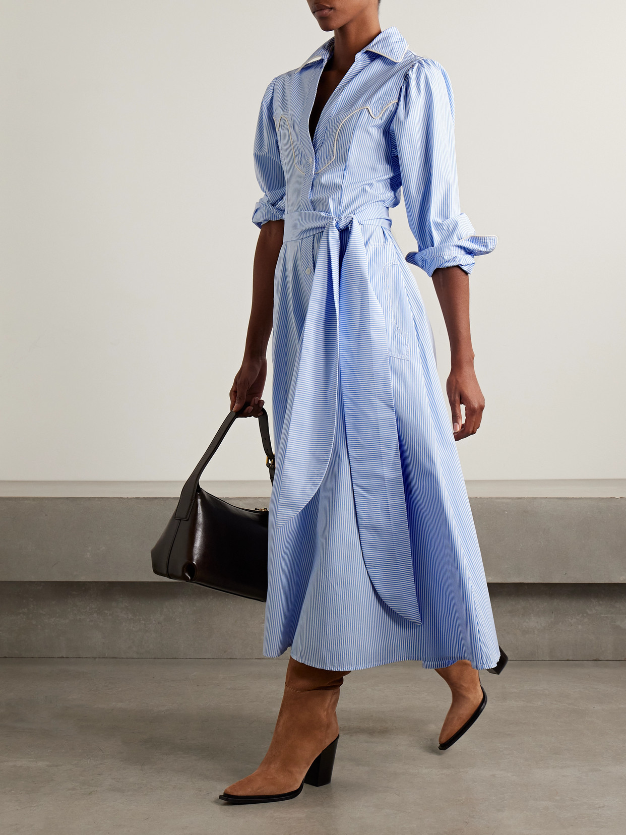 Johanna Ortiz Vela De Cruz Belted Embroidered Striped Poplin Midi Shirt Dress In Blue