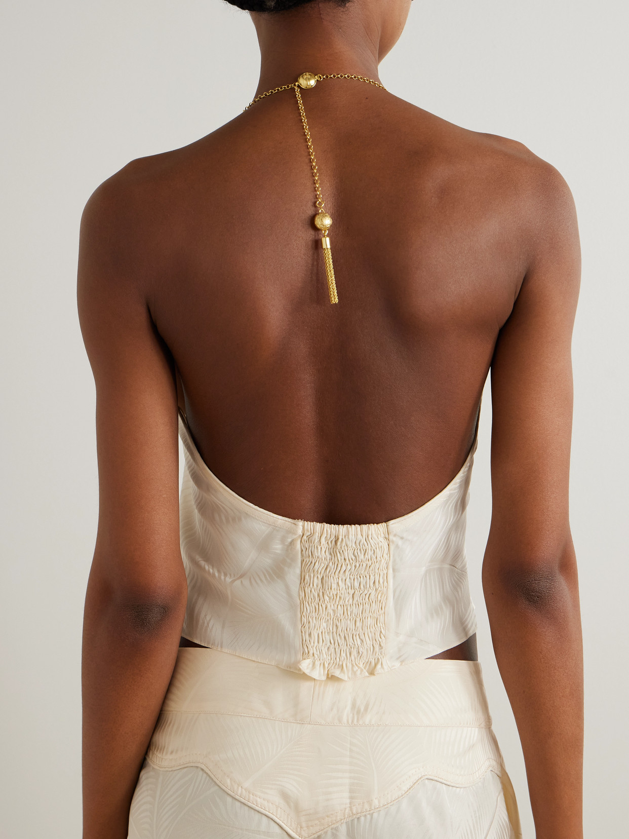 The Root Embellished Smocked Satin-Jacquard Halterneck Top