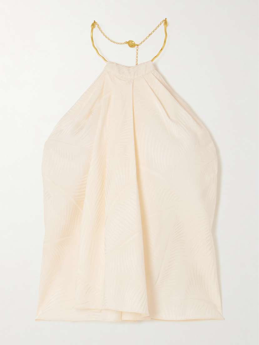 The Root Embellished Smocked Satin-jacquard Halterneck Top