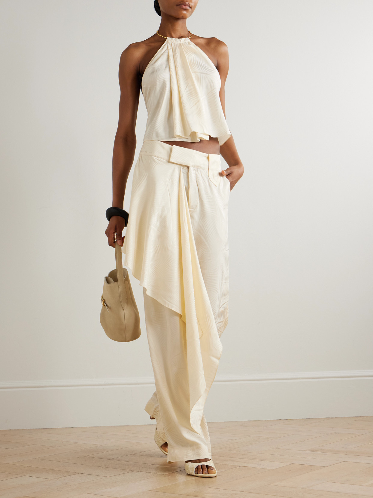 The Root Embellished Smocked Satin-Jacquard Halterneck Top
