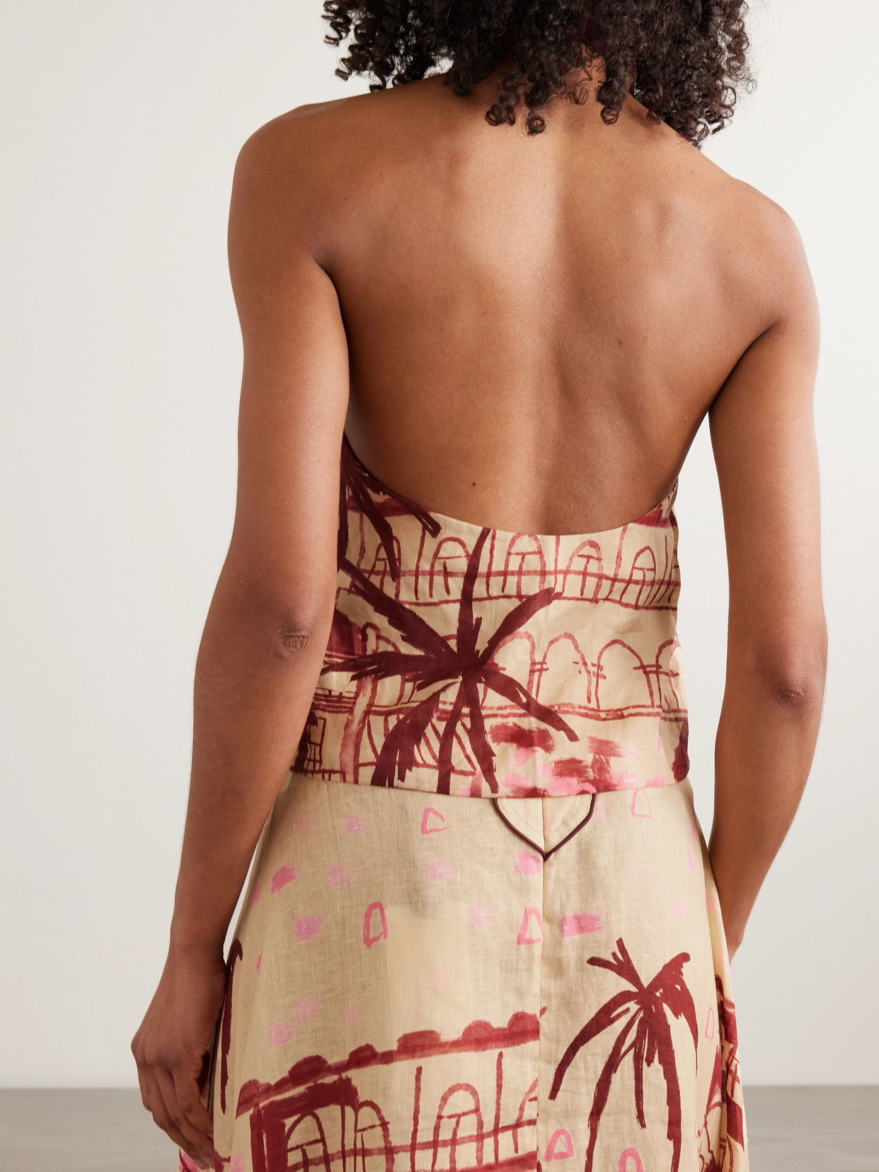 The Root Leather-Trimmed Printed Linen Halterneck Top