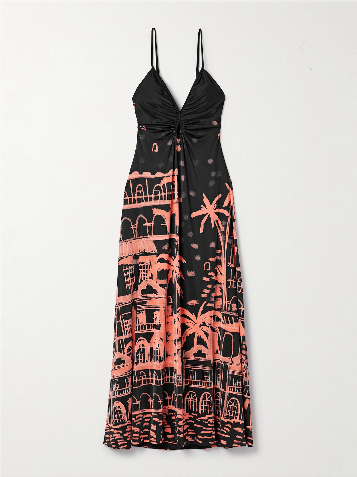 Johanna Ortiz Nuestra Tierra Ruched Printed Satin-jersey Maxi Dress In Black