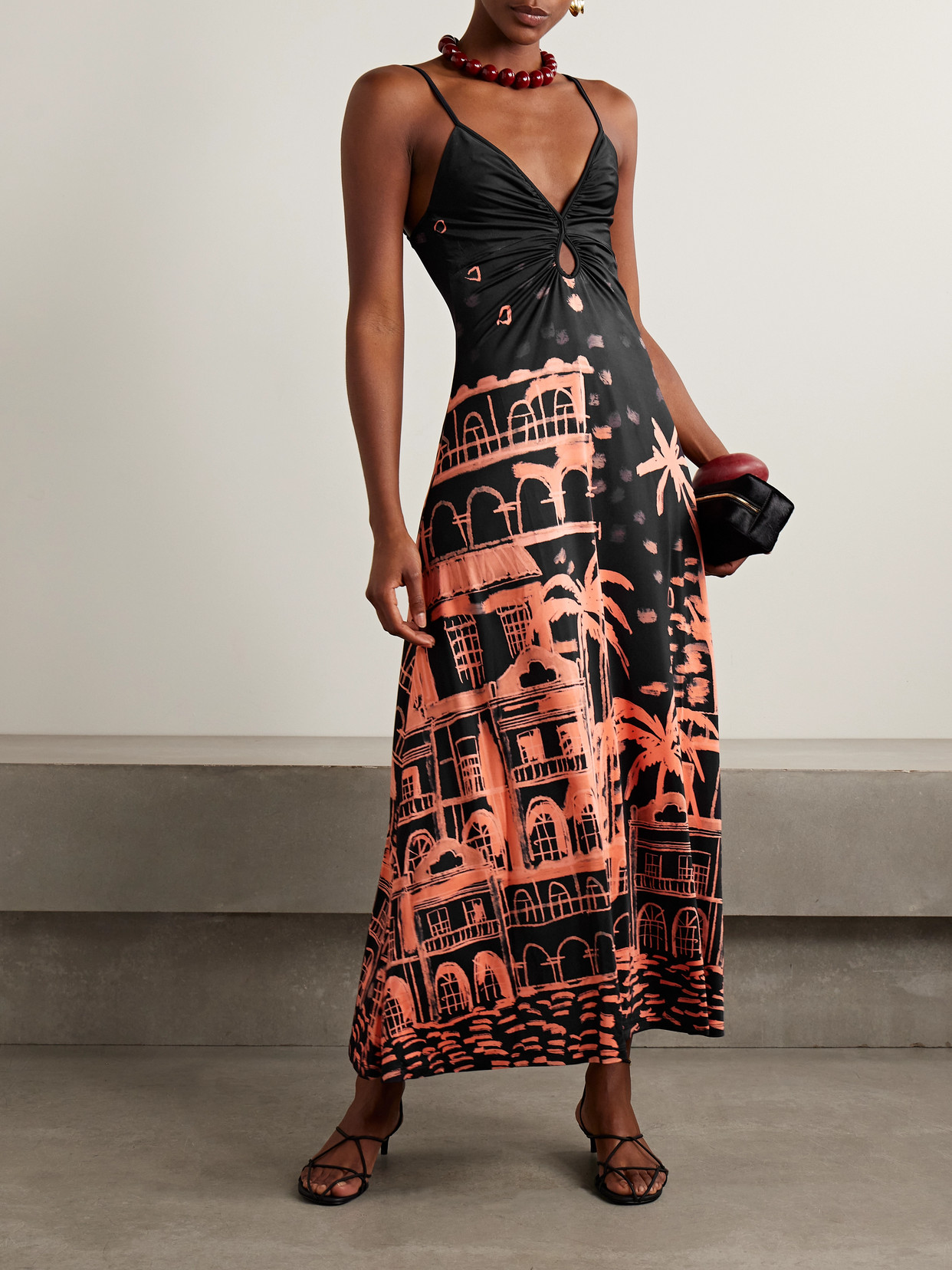 Johanna Ortiz Nuestra Tierra Ruched Printed Satin-jersey Maxi Dress In Black