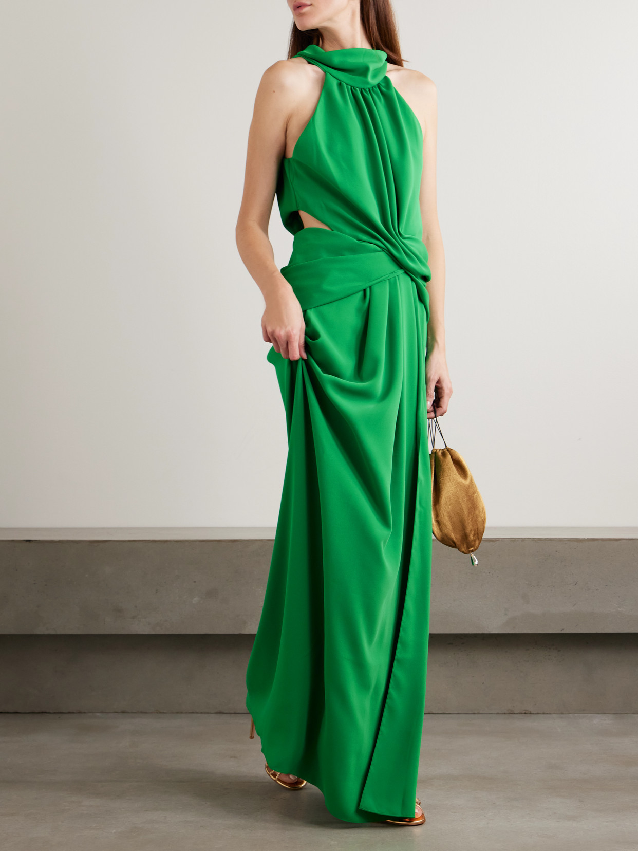 Johanna Ortiz Excepionalidad Cutout Ruched Silk-crepe Turtleneck Maxi Dress In Green