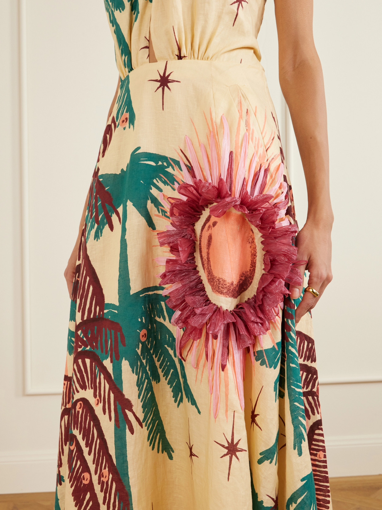 Johanna Ortiz Appliquéd Printed Leather-trimmed Linen-blend Halterneck Maxi Dress In Neutral