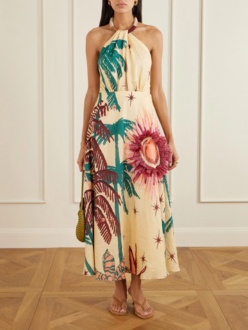 Johanna Ortiz - Water Adventure cutout printed linen halterneck midi dress  | Plush