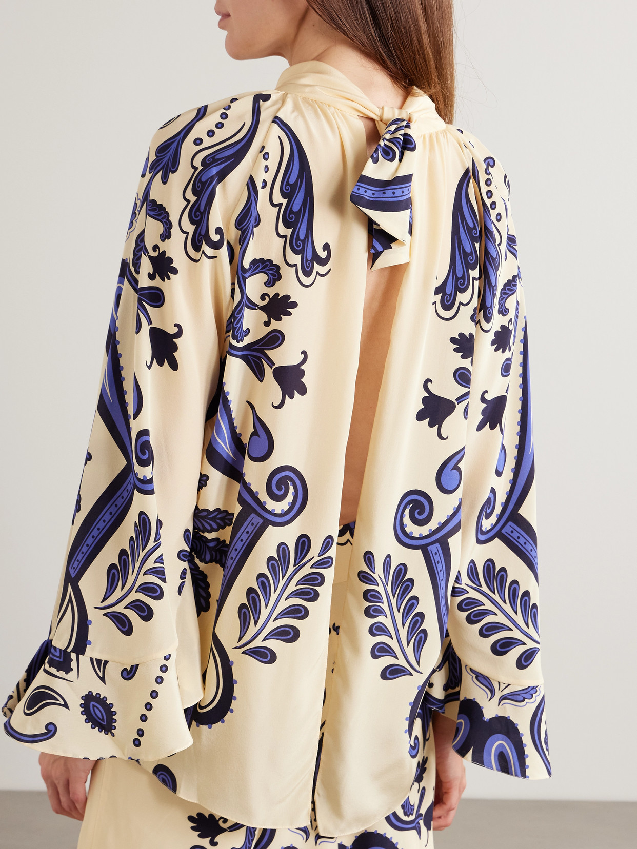 Johanna Ortiz Rimto Sol Tie-detailed Cutout Printed Silk Crepe De Chine Blouse In Neutral