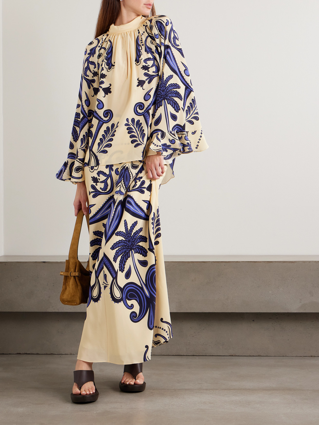 Johanna Ortiz Rimto Sol Tie-detailed Cutout Printed Silk Crepe De Chine Blouse In Neutral