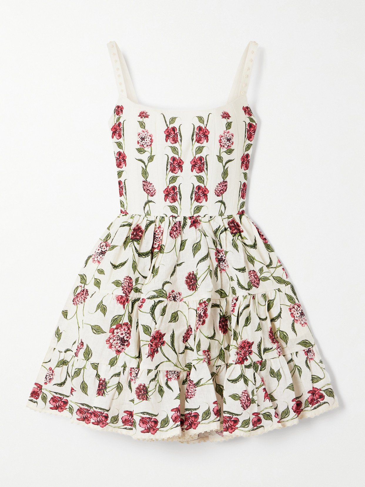 Agua By Agua Bendita Granadilla Tiered Floral-print Linen Mini Dress In White