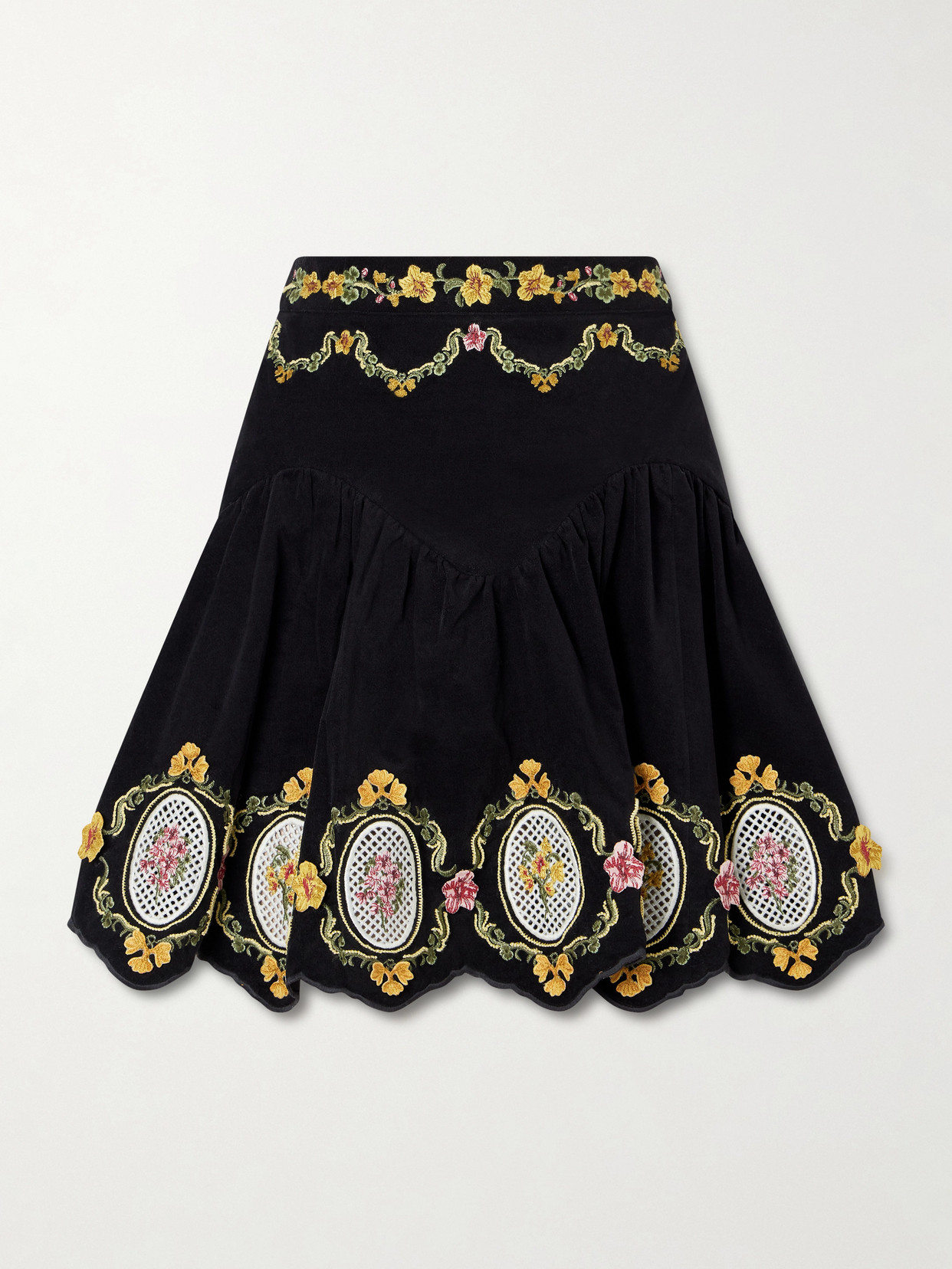 Agua By Agua Bendita Asai Cordillera Scalloped Embroidered Cotton-blend Velvet Mini Skirt In Blue