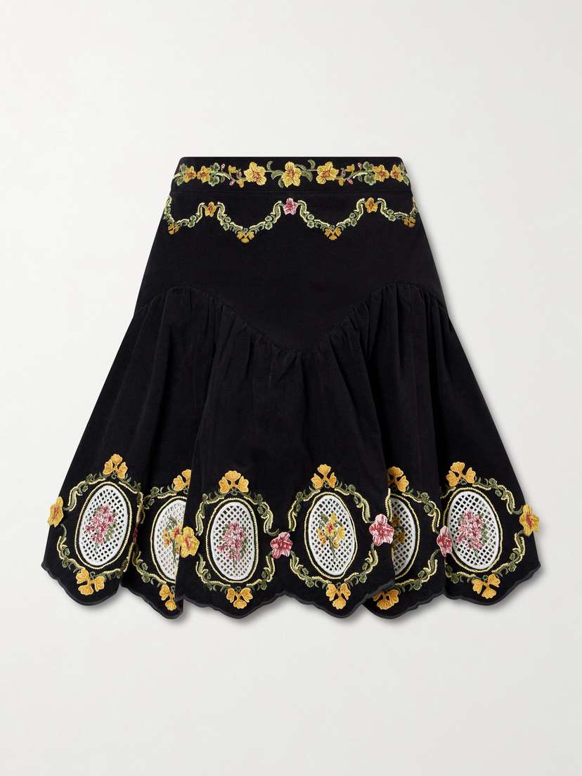 Agua by Agua Bendita Asai Cordillera Scalloped Embroidered Cotton-blend Velvet Mini Skirt