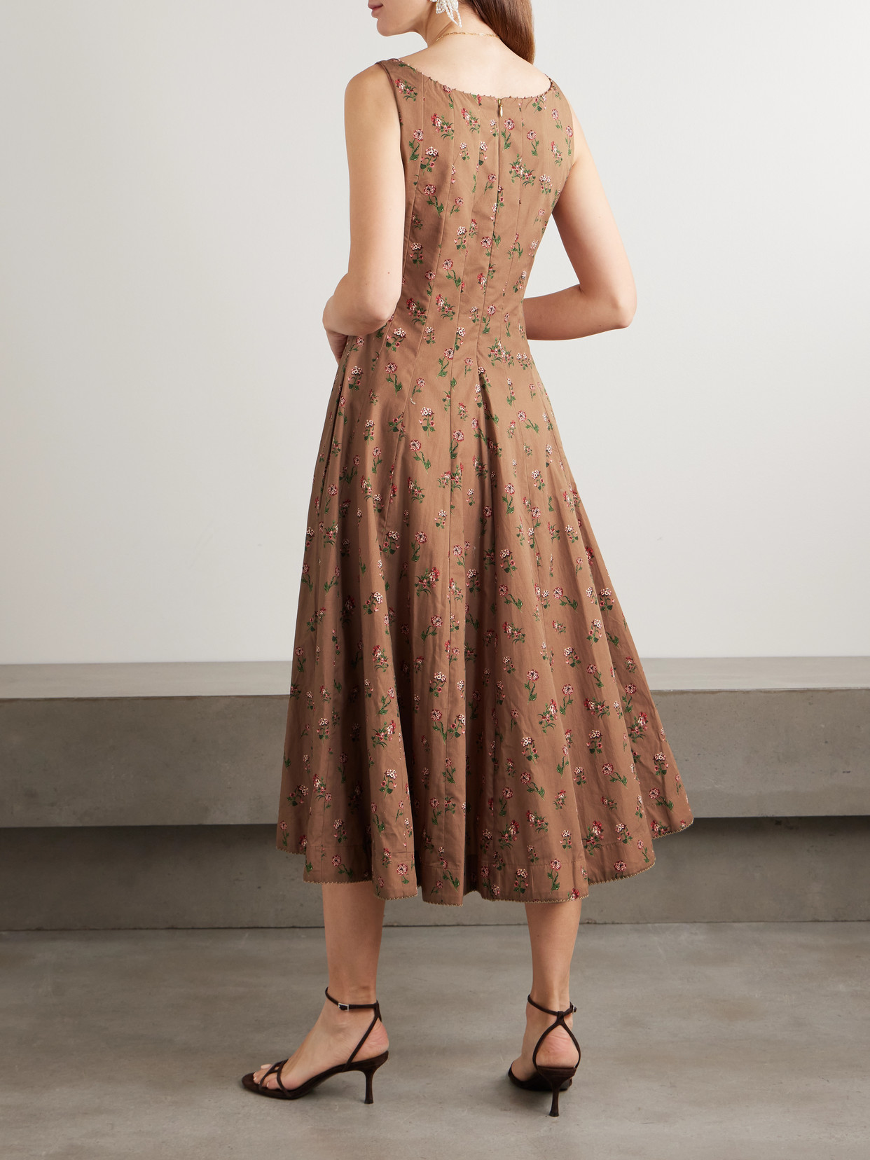 Agua By Agua Bendita Frontera Bead-embellished Floral-print Cotton Midi Dress In Brown