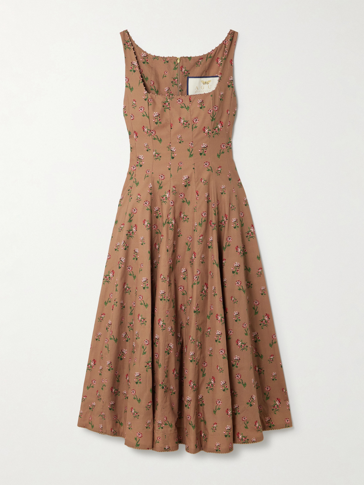 Agua By Agua Bendita Frontera Bead-embellished Floral-print Cotton Midi Dress In Brown