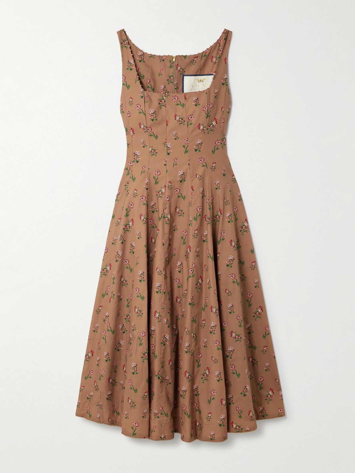 Frontera bead-embellished floral-print cotton midi dress