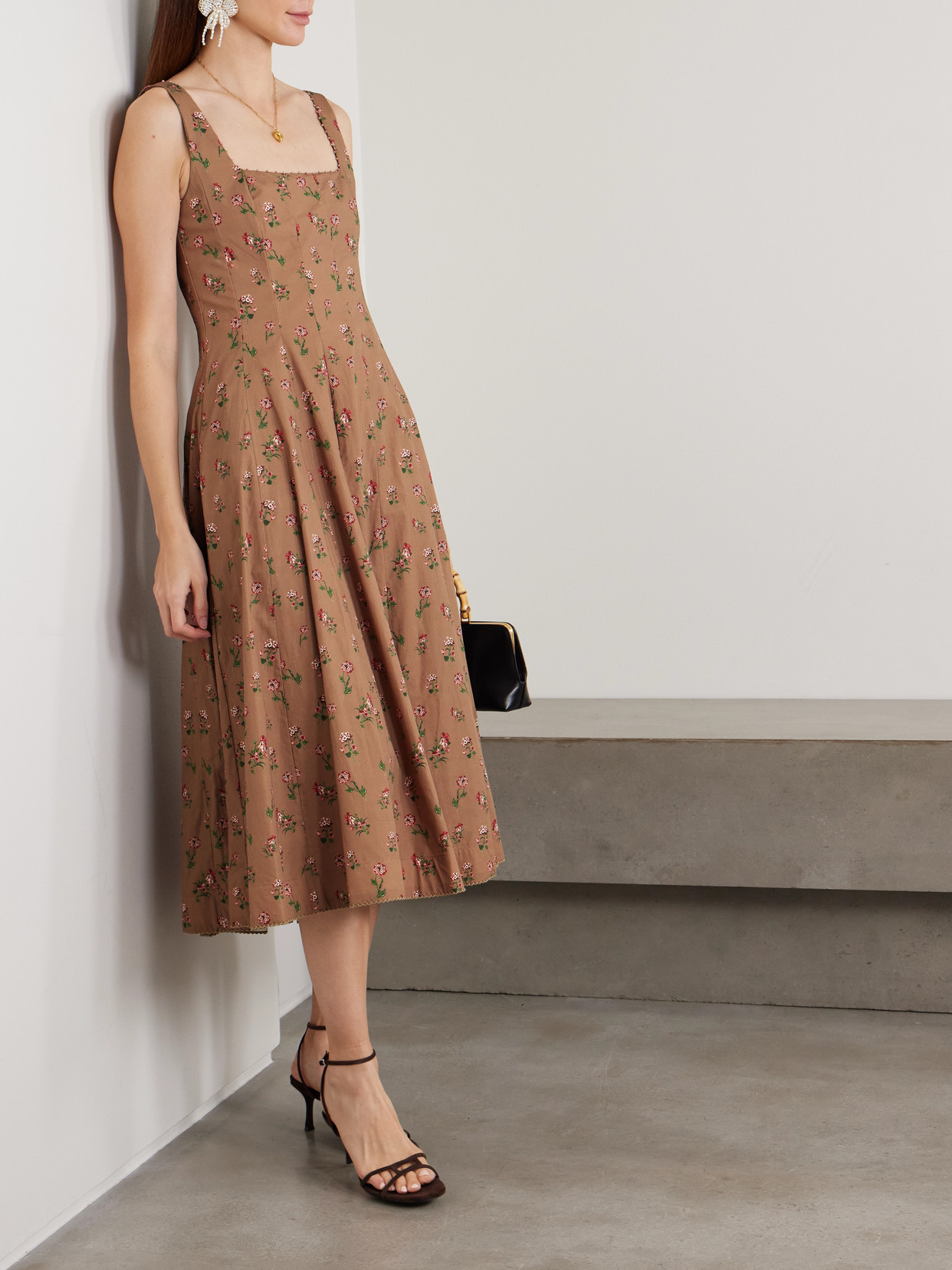 Agua By Agua Bendita Frontera Bead-embellished Floral-print Cotton Midi Dress In Brown