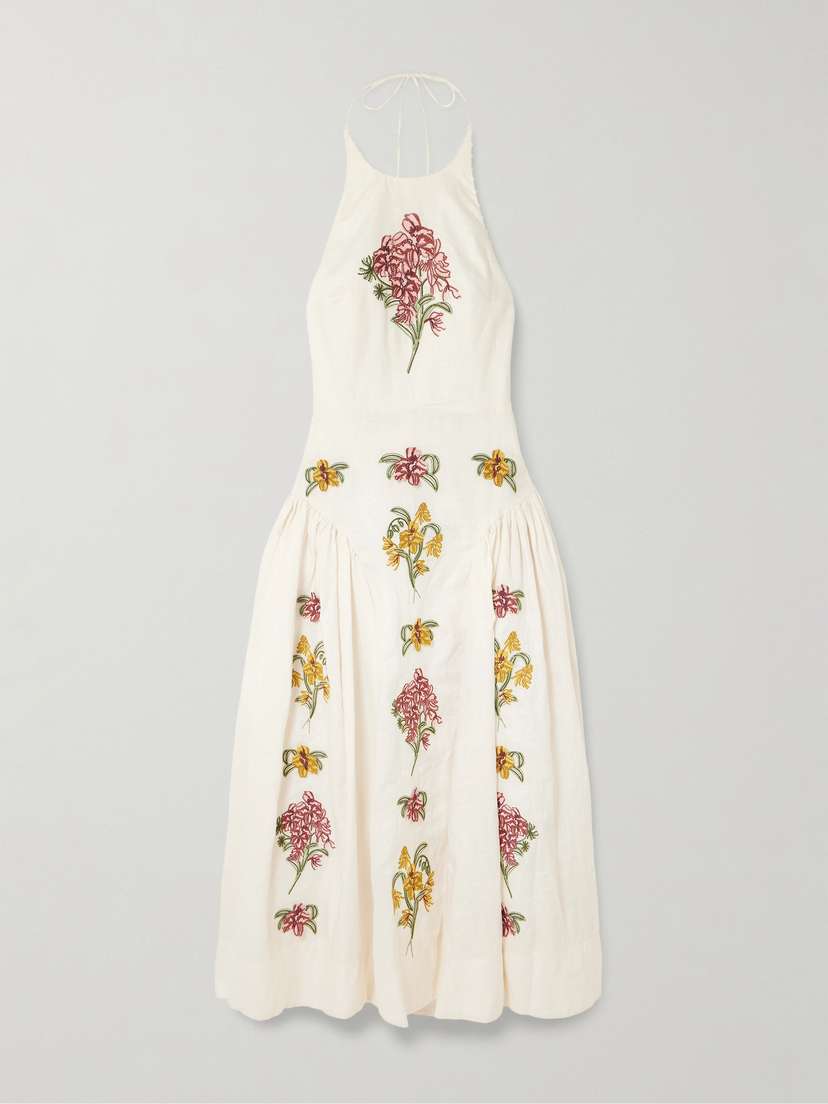Agua by Agua Bendita Balsa Faux Pearl-embellished Embroidered Linen Halterneck Midi Dress