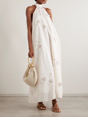 Agua by Agua Bendita - Lima embellished appliqud linen halterneck maxi  dress | Plush