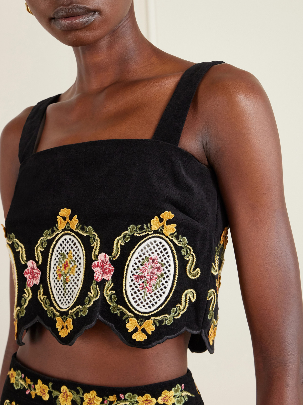 Luciana Cordillera Scalloped Embroidered Cotton-Blend Velvet Top