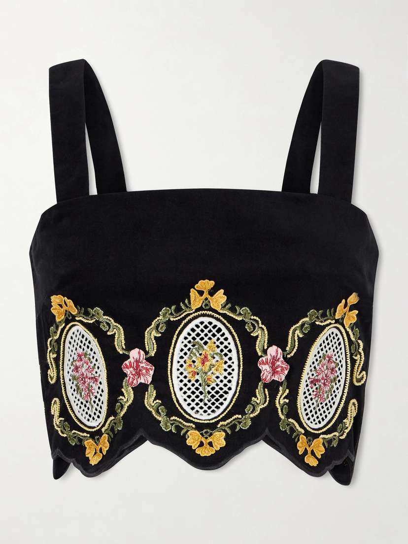 Agua by Agua Bendita Luciana Cordillera Scalloped Embroidered Cotton-blend Velvet Top