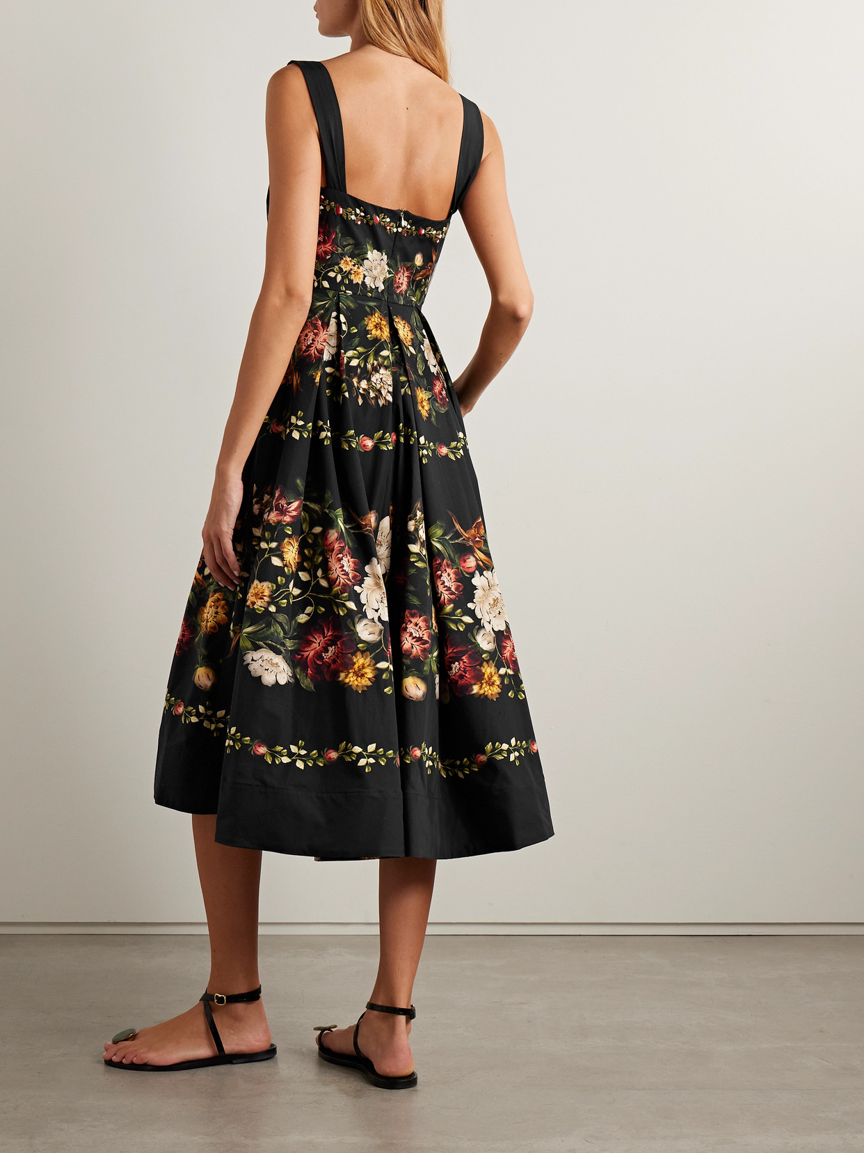 Agua By Agua Bendita Alcaparra Paramo Pleated Floral-print Cotton-poplin Midi Dress In Black