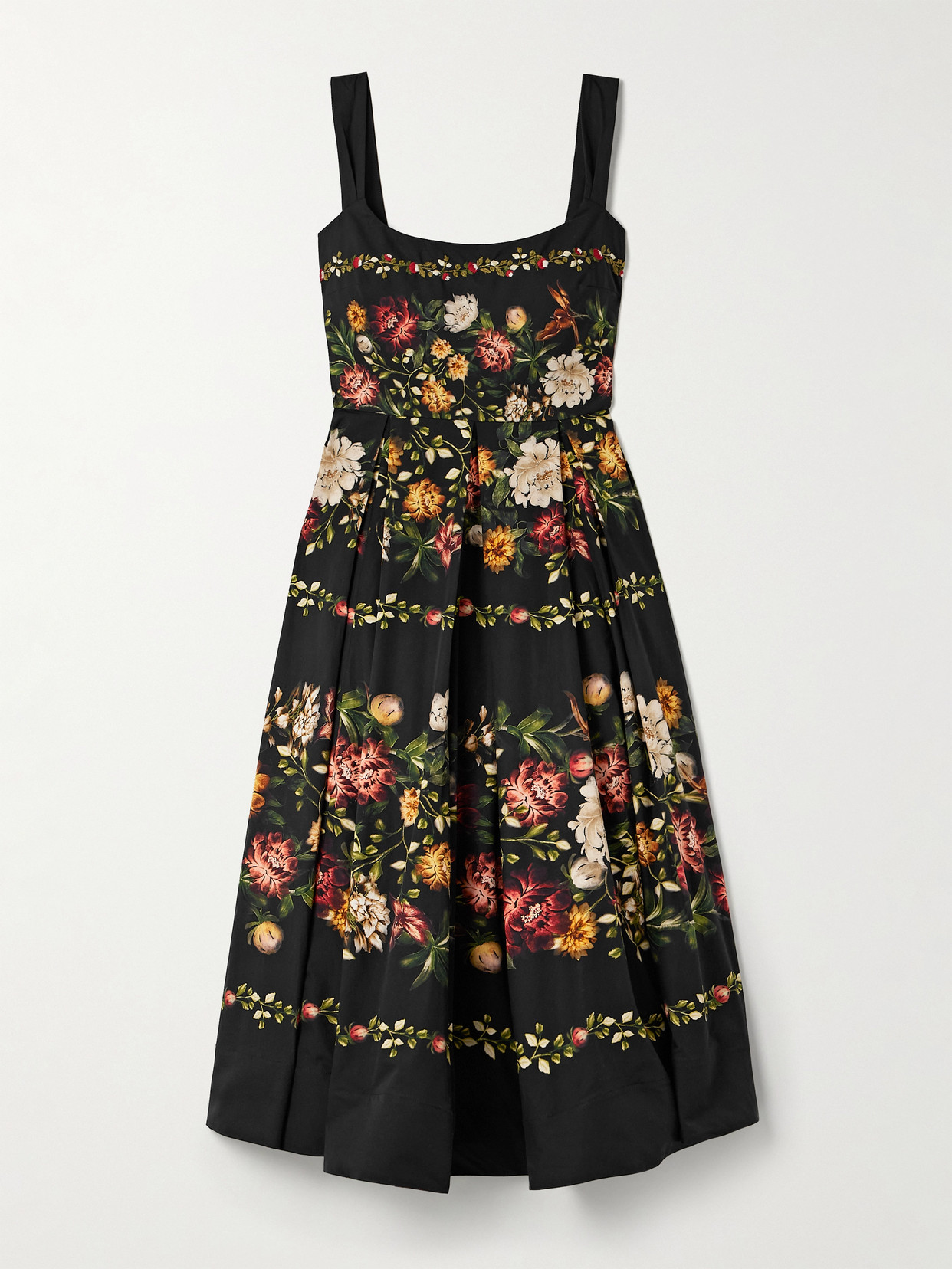 Agua By Agua Bendita Alcaparra Paramo Pleated Floral-print Cotton-poplin Midi Dress In Black