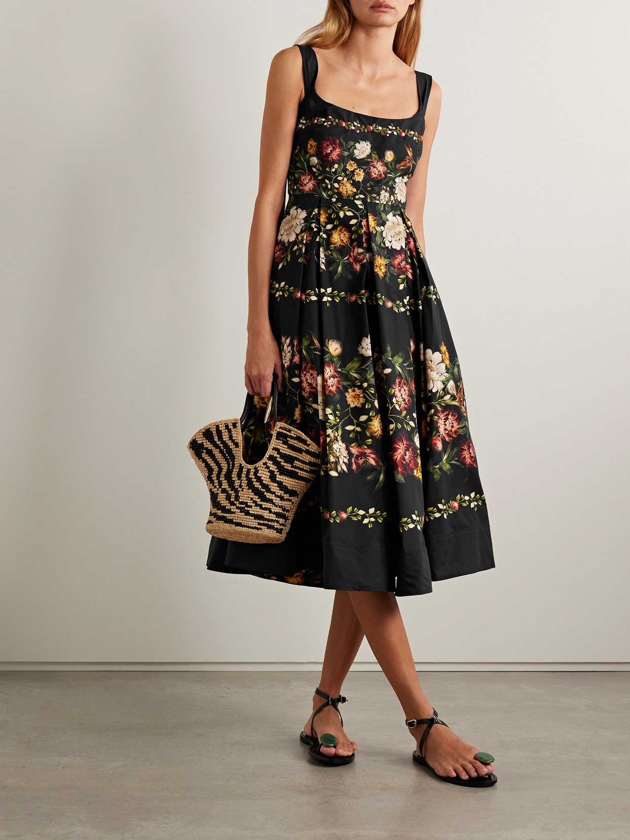 Agua By Agua Bendita Alcaparra Paramo Pleated Floral-print Cotton-poplin Midi Dress In Black