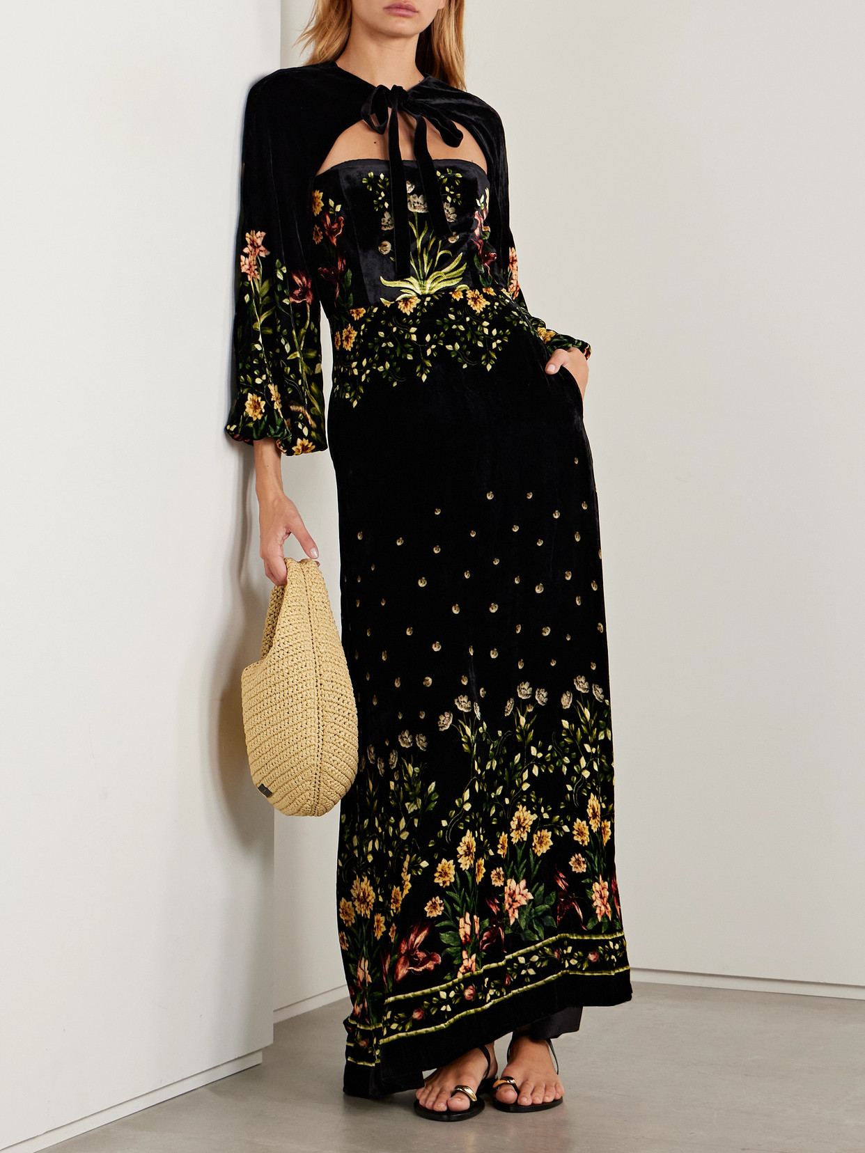 Agua By Agua Bendita Alamo Paramo Cutout Floral-print Velvet Maxi Dress In Black