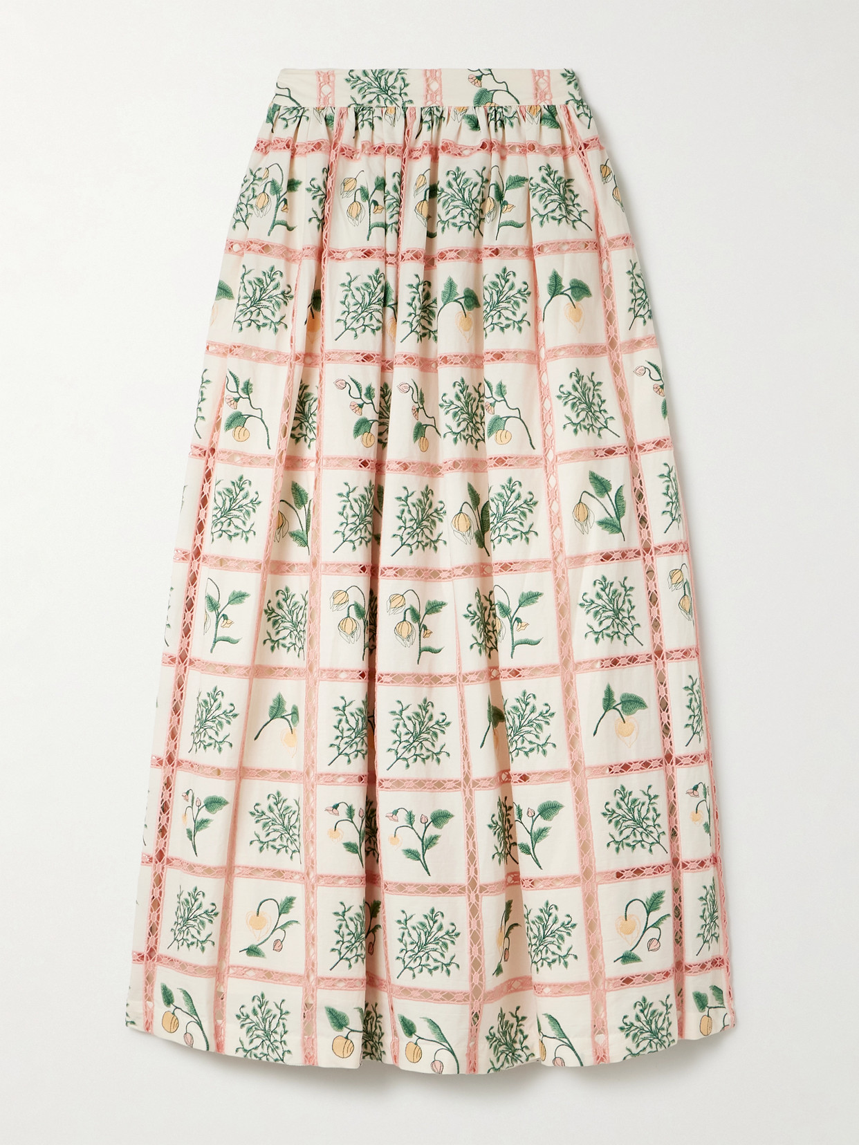 Agua By Agua Bendita Tangelo Crochet-trimmed Embroidered Cotton-voile Maxi Skirt In Pink