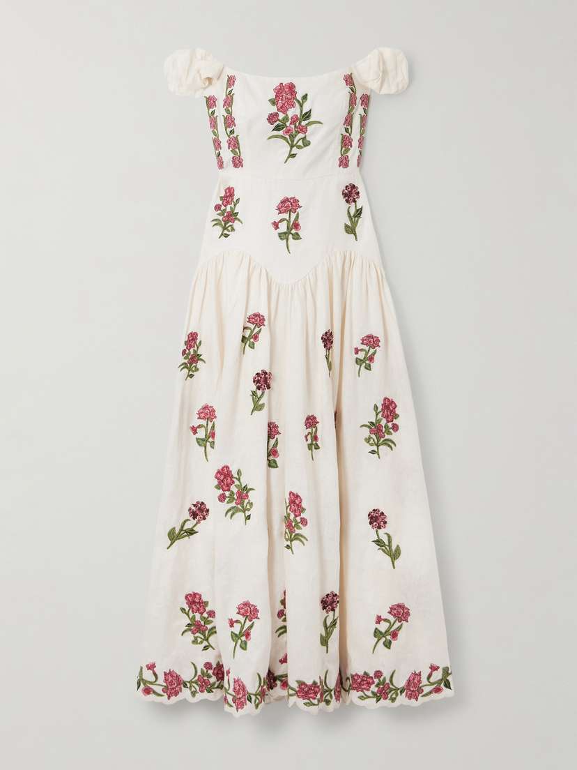 Agua by Agua Bendita Siembra Off-the-shoulder Appliquéd Embroidered Printed Linen Maxi Dress