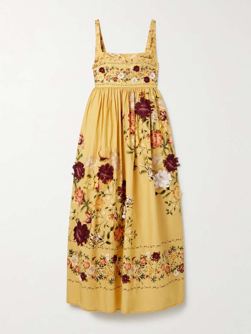 Agua by Agua Bendita Barbara Paramo Pleated Appliquéd Floral-print Cotton-poplin Midi Dress