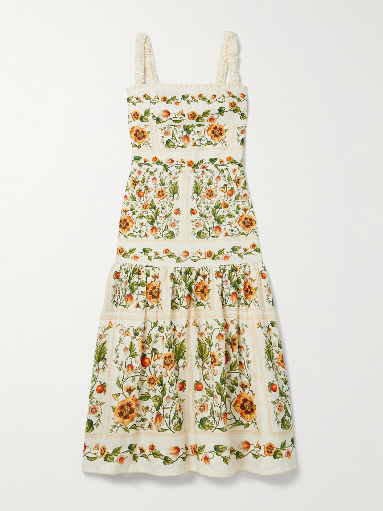 Agua By Agua Bendita Nispero Tiered Embroidered Printed Linen Midi Dress In Multi