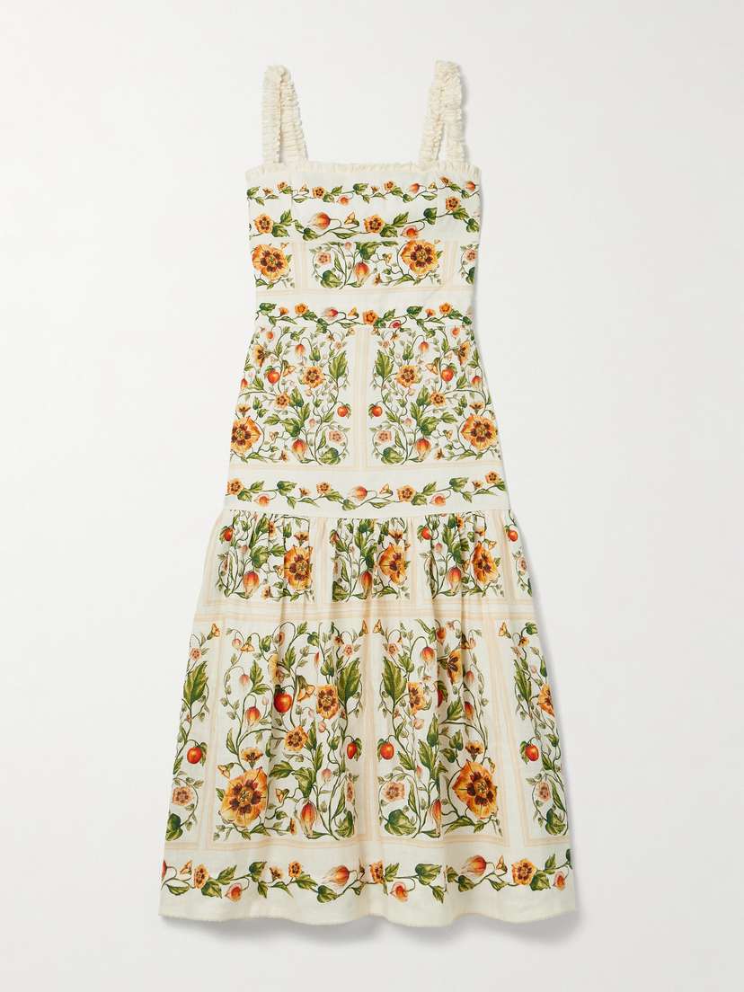 Agua by Agua Bendita Nispero Tiered Embroidered Printed Linen Midi Dress