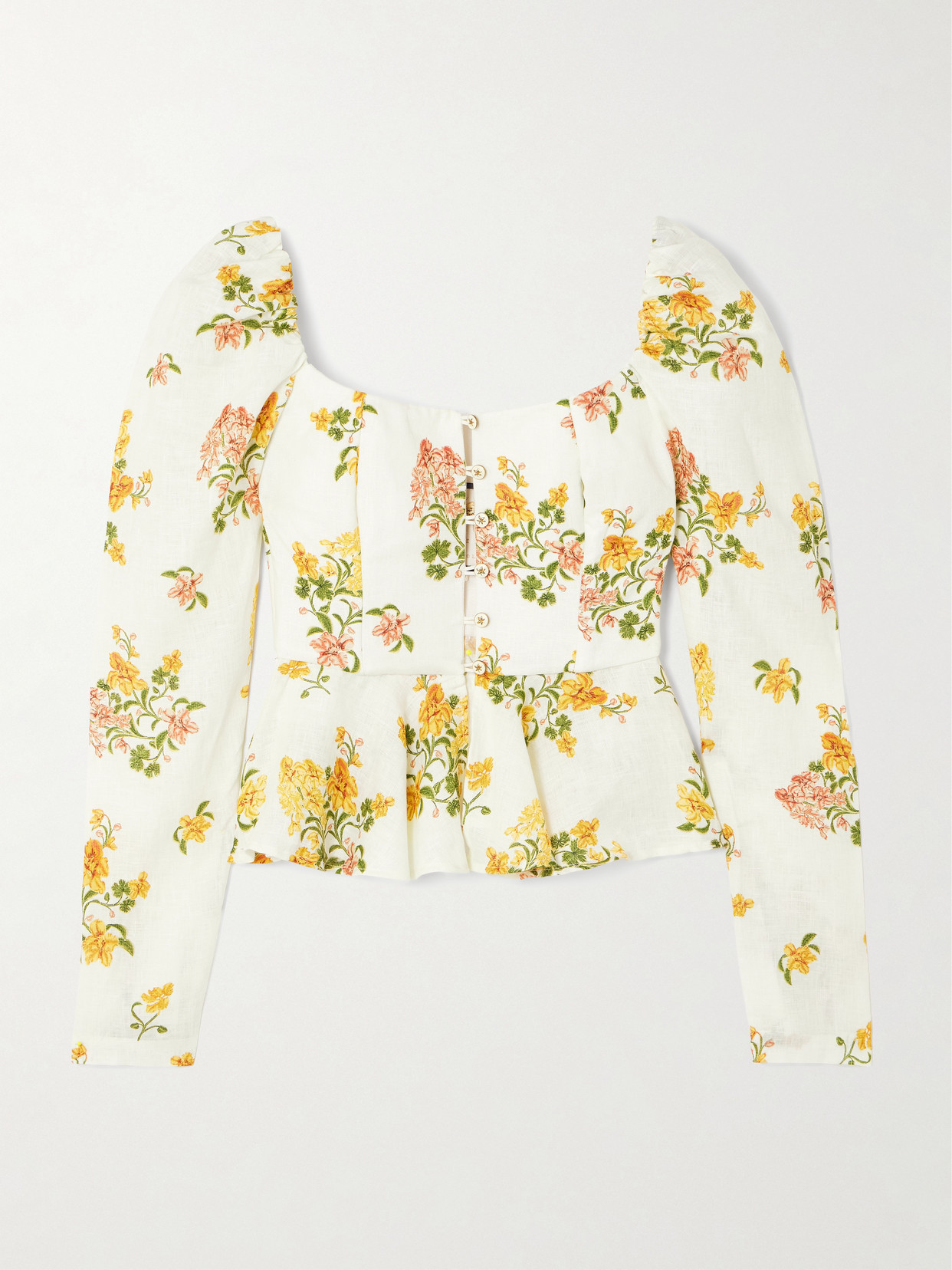Bromelia Cordillera Floral-Print Linen Peplum Top