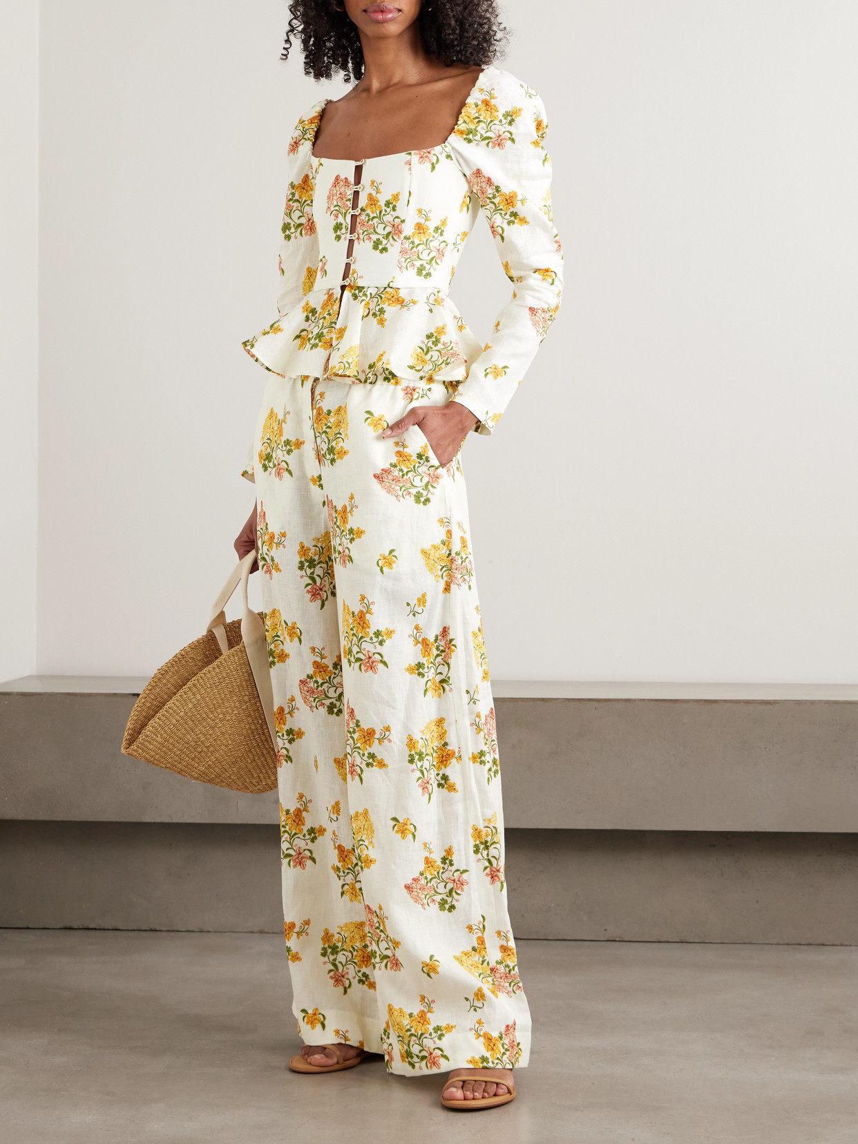 Bromelia Cordillera Floral-Print Linen Peplum Top