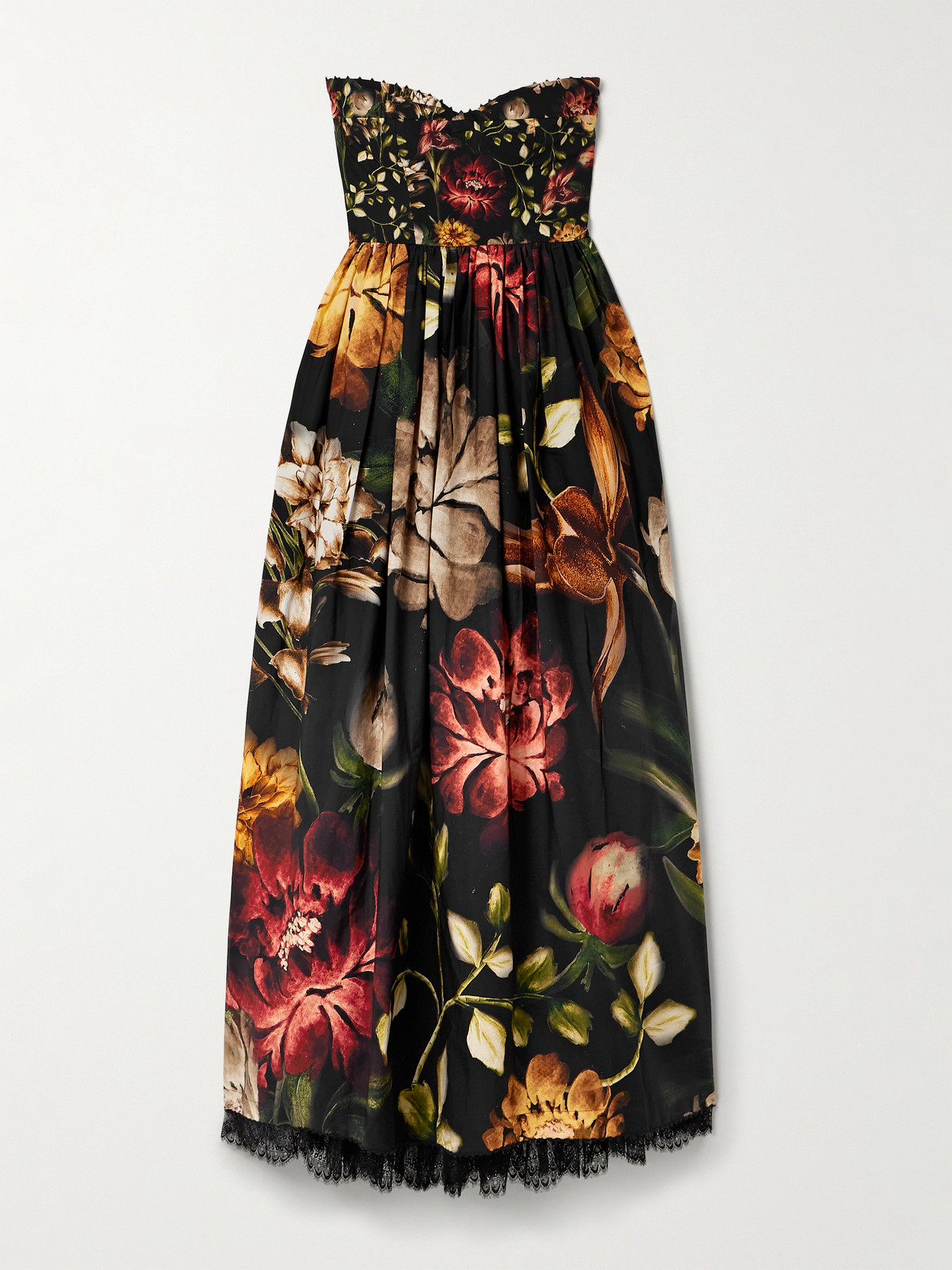 Agua By Agua Bendita Tonia Paramo Strapless Lace-trimmed Embellished Floral-print Cotton-poplin Midi Dress In Black