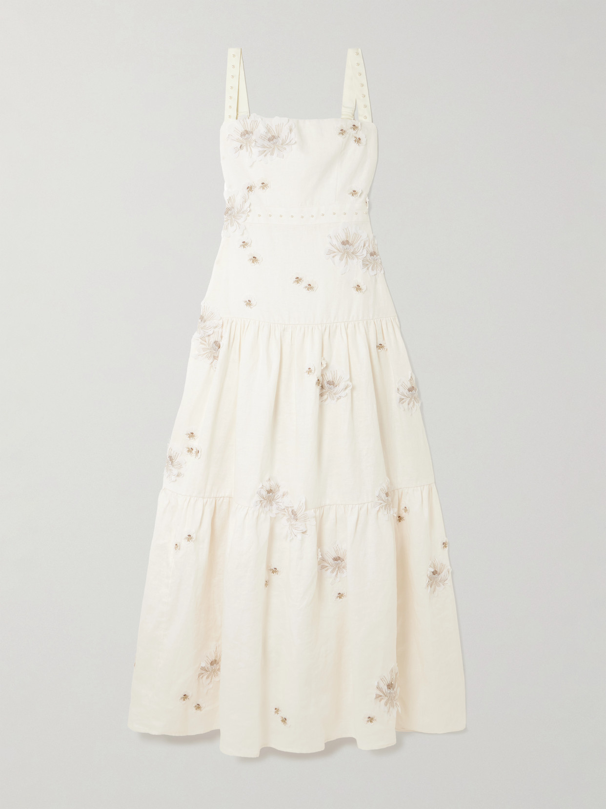 Agua By Agua Bendita Lima Embellished Appliquéd Tiered Linen Maxi Dress In White