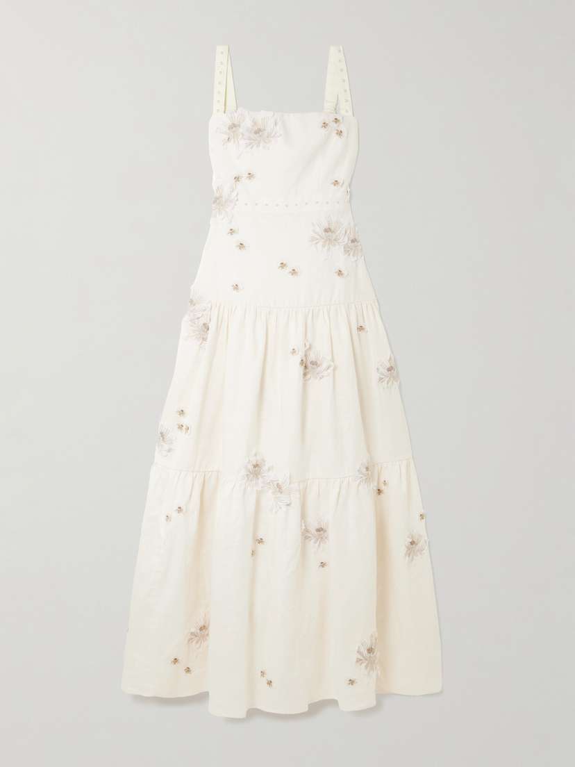 Agua by Agua Bendita Lima Embellished Appliquéd Tiered Linen Maxi Dress