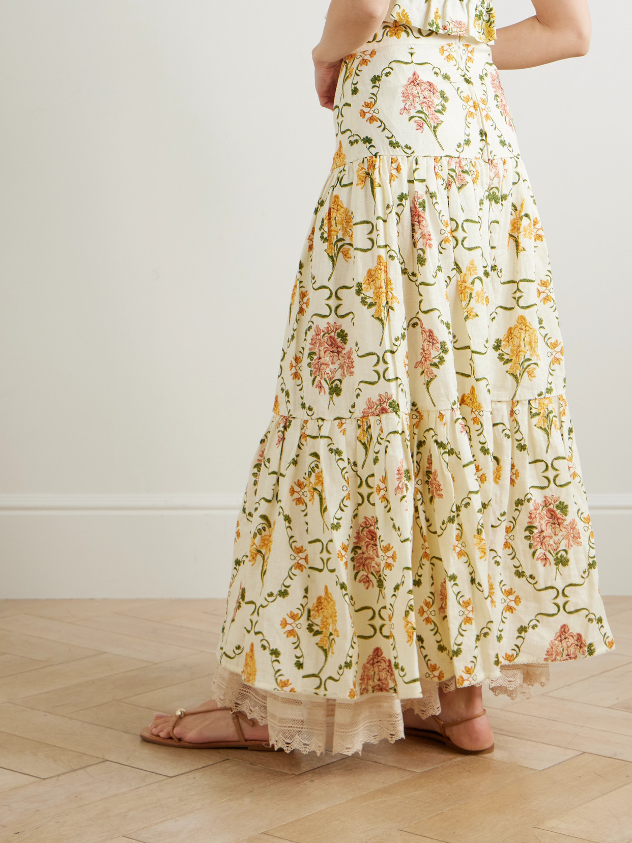 Anis Cordillera Tiered Lace-Trimmed Floral-Print Maxi