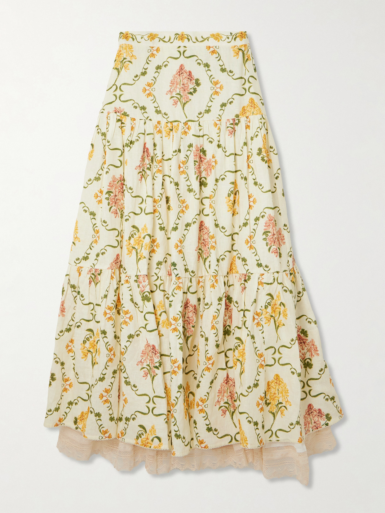 Agua By Agua Bendita Anis Cordillera Tiered Lace-trimmed Floral-print Linen Maxi Skirt In Multi