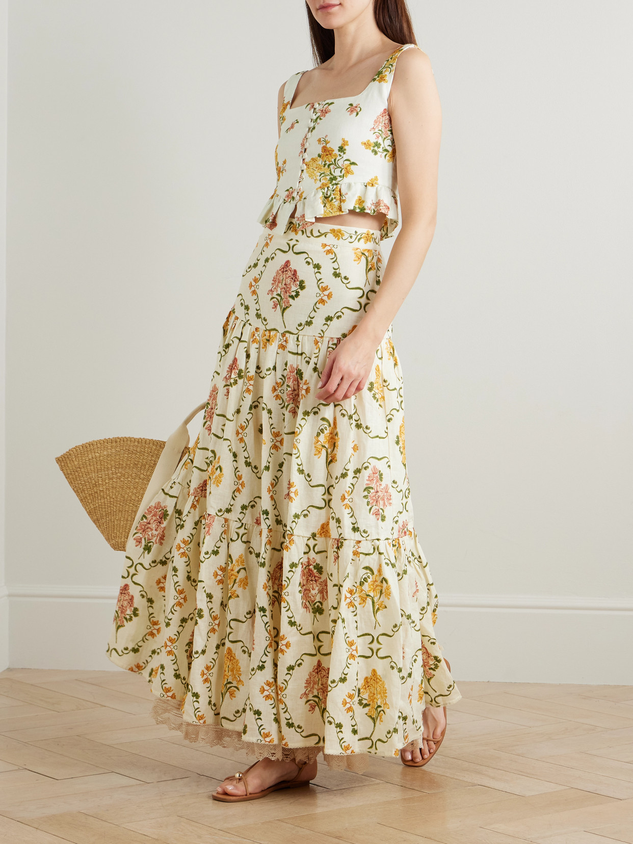 Anis Cordillera Tiered Lace-Trimmed Floral-Print Maxi