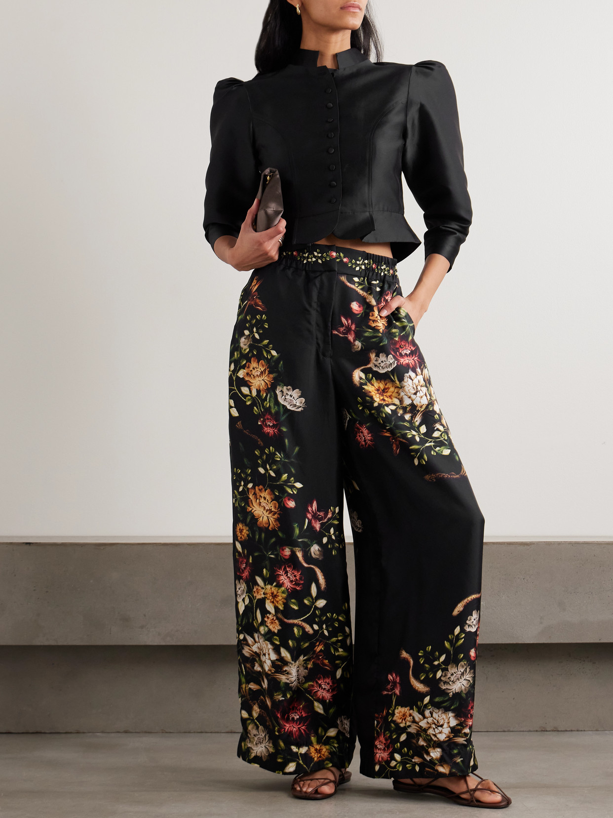 Agua By Agua Bendita Tota Paramo Floral-print Silk-twill Wide-leg Pants In Black