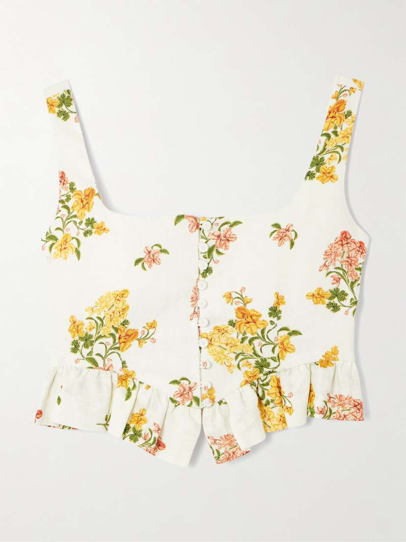 Agua by Agua Bendita Eslabón Cordillera Cropped Ruffled Floral-print Linen Top